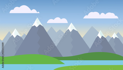 Mountain cartoon landscape, green hills, blue sky with clouds, lake, snow, fog - Vector
