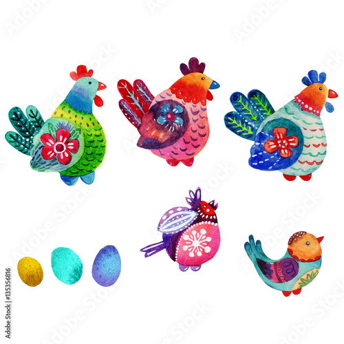 Colorful watercolor set of portraits Rooster cartoon character illustration isolated on white background image. Watercolor roosters characters illustration 2017.Perfect for a elements Happy Easter