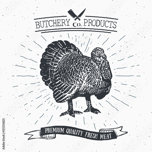 Butcher Shop vintage emblem turkey meat products, butchery Logo template retro style. Vintage Design for Logotype, Label, Badge and brand design. vector illustration.