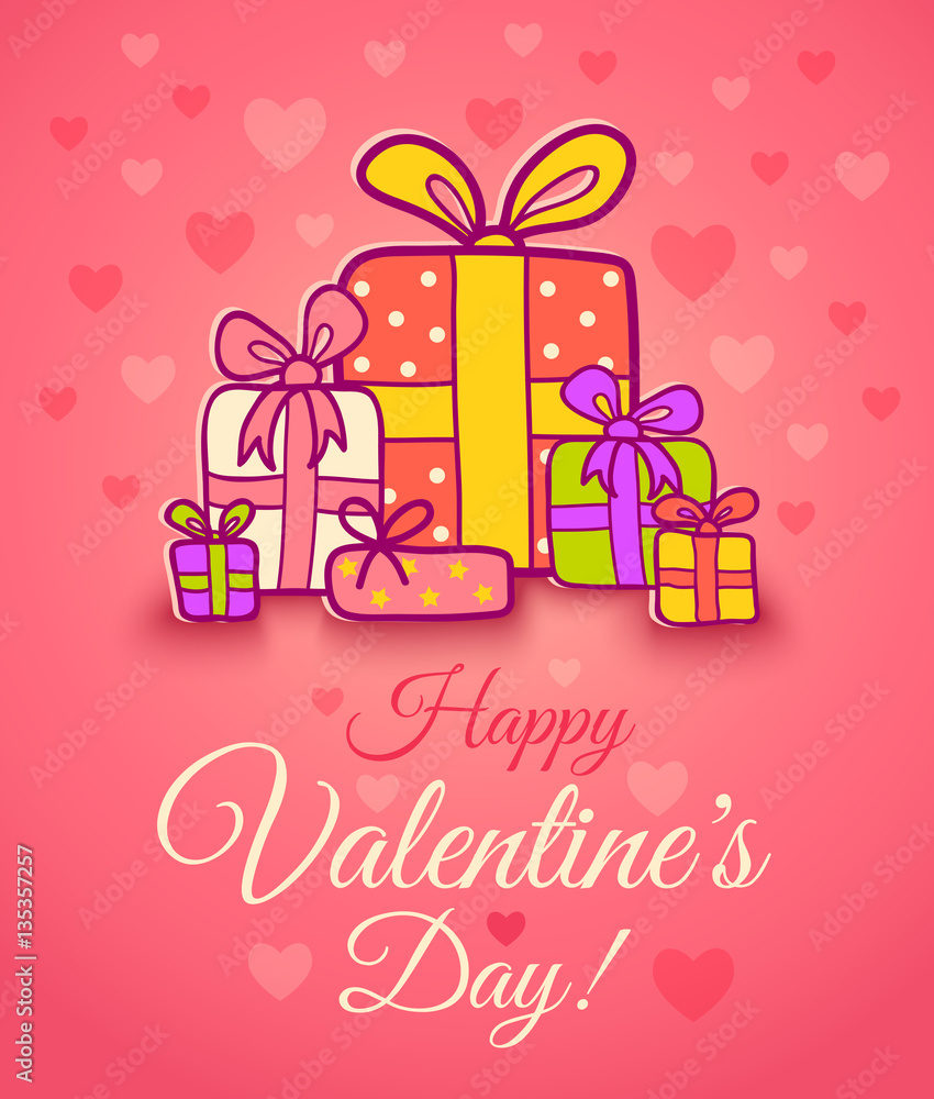 Gifts and heart on pink background.