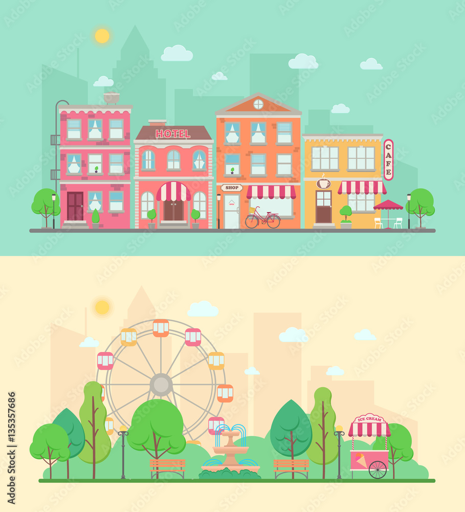 Amusement park and city landscapes
