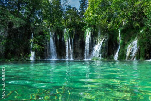 Fototapeta Naklejka Na Ścianę i Meble -  Waterfalls With Clear Green Water on Plitvice Lakes