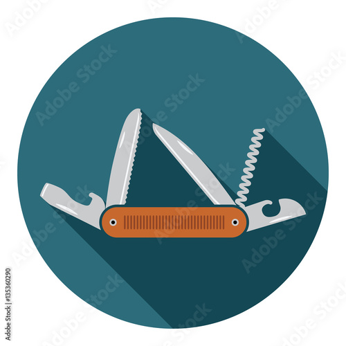Multifunctional pocket knife icon. Flat design of hiking and camping equipment tool, vector illustration with long shadow