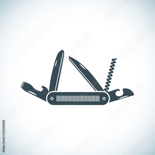 Multifunctional pocket knife icon. Flat design of hiking and camping equipment tool, vector illustration with long shadow