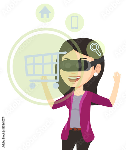 Woman in virtual reality headset shopping online.