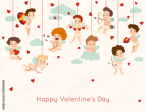 Valentines Day greeting card with hanging cupid. Vector illustration