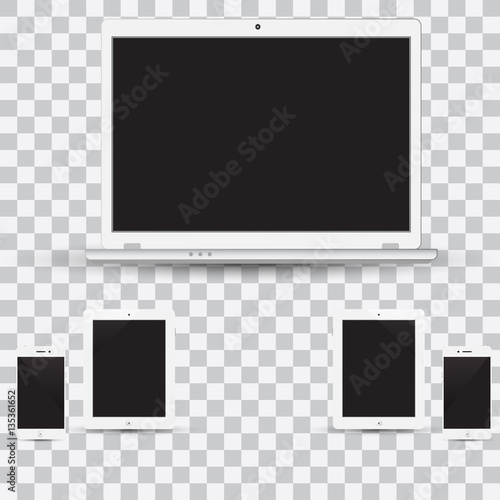 Various modern electronic gadget on isolate background. Vector illustration EPS10. computer monitor, laptop, tablet and mobile phone with empty white screen.