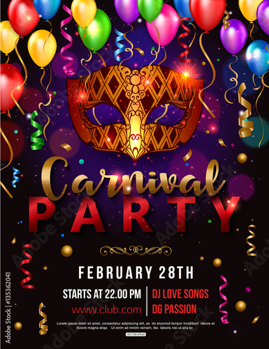 Carnival party flyer design with carnival mask, balloon, confetti. Vector illustration.