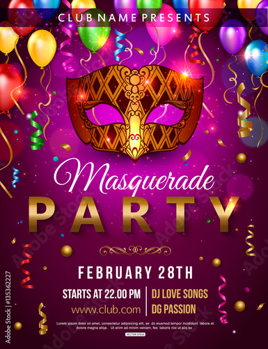 Masquerade party flyer design with carnival mask, balloon, confetti. Vector illustration.