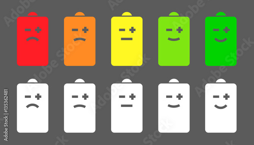 Battery level emoji or smiley faces icons. Showing health of the battery visualization. Colored and white icon set on gray background. Isolated Vector Illustration.