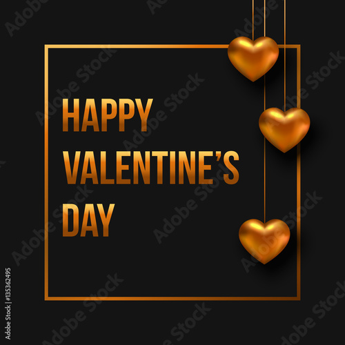Valentines day greeting card with hanging gold heart on black background