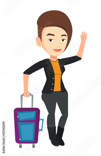 Young woman hitchhiking vector illustration.