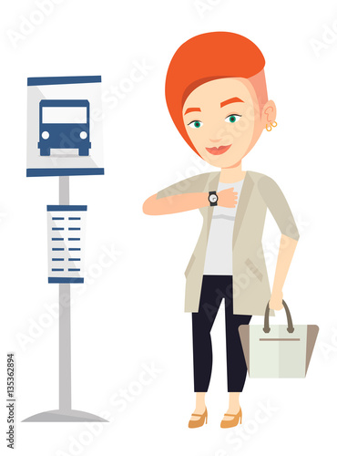 Woman waiting at the bus stop vector illustration.