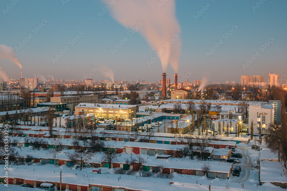 Evening winter cityscape view of industrial area in Voronezh.  