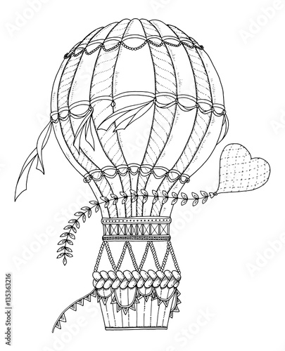Air balloon and doodle heart. Zentangle inspired pattern with aerostat for coloring book for adults and kids.