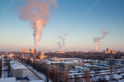 Evening winter cityscape view of industrial area in Voronezh. 