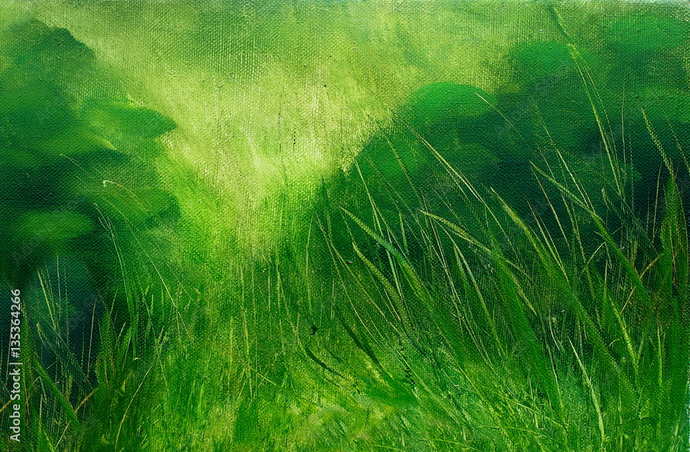 Naklejka premium wild meadow grass structure in bright green tones, painting detail.