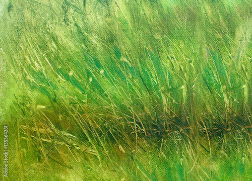 Quadro su tela wild meadow grass structure in bright green tones, painting detail
