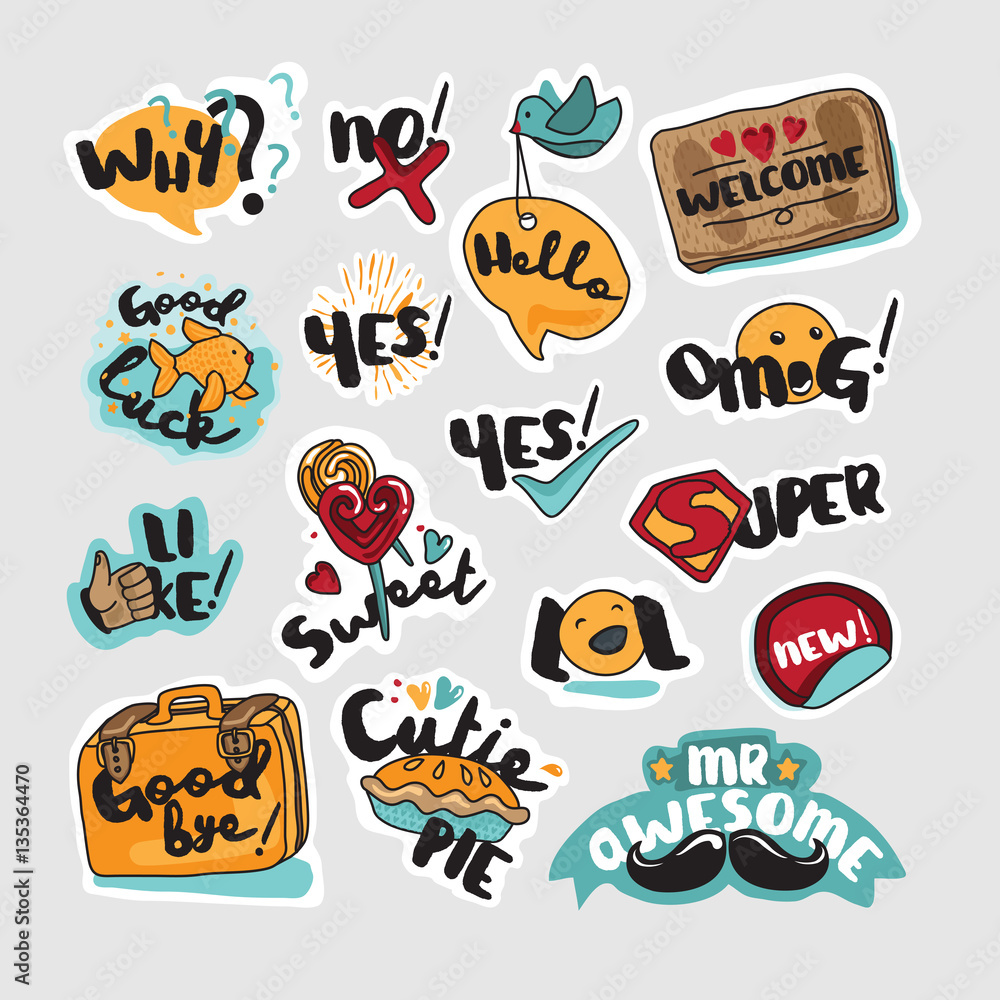 Set of stickers and signs for everyday communication. Vector illustrations for social network, website design, mobile messages, social media, online communication, cards and printed material, app. Set of stickers and signs for everyday communication. Vector illustrations for social network, website design, mobile messages, social media, online communication, cards and printed material, app.