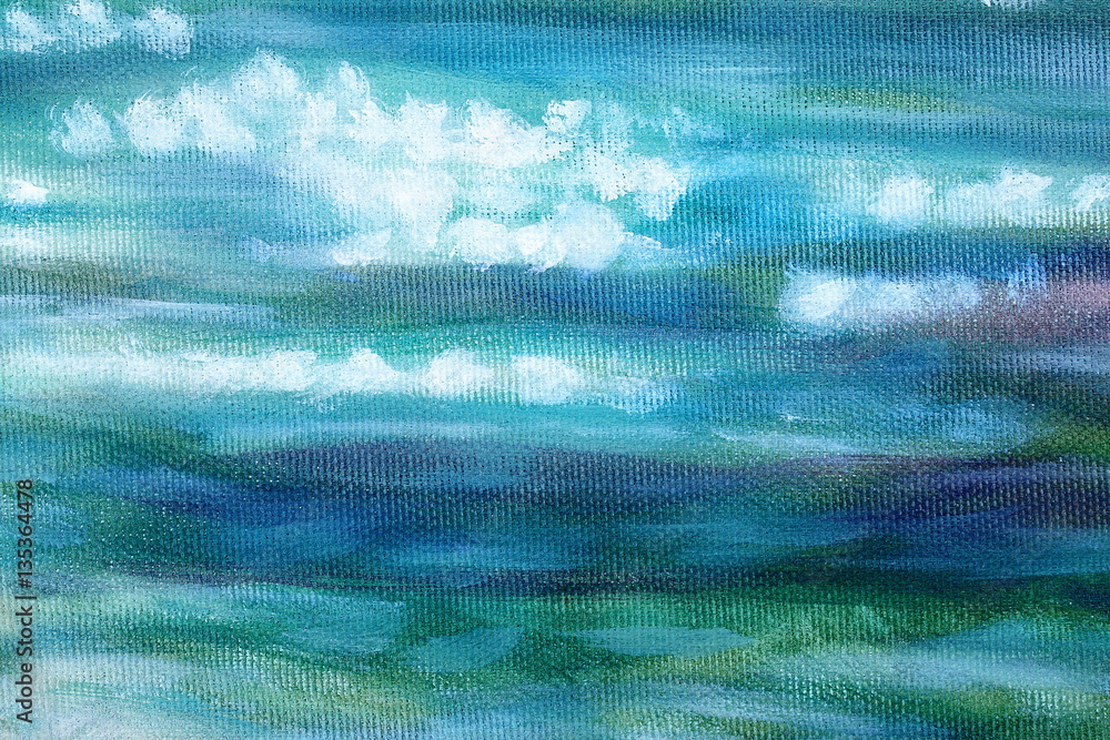 Fototapeta premium flowing river with briliant sun reflections, closeup painting detail.