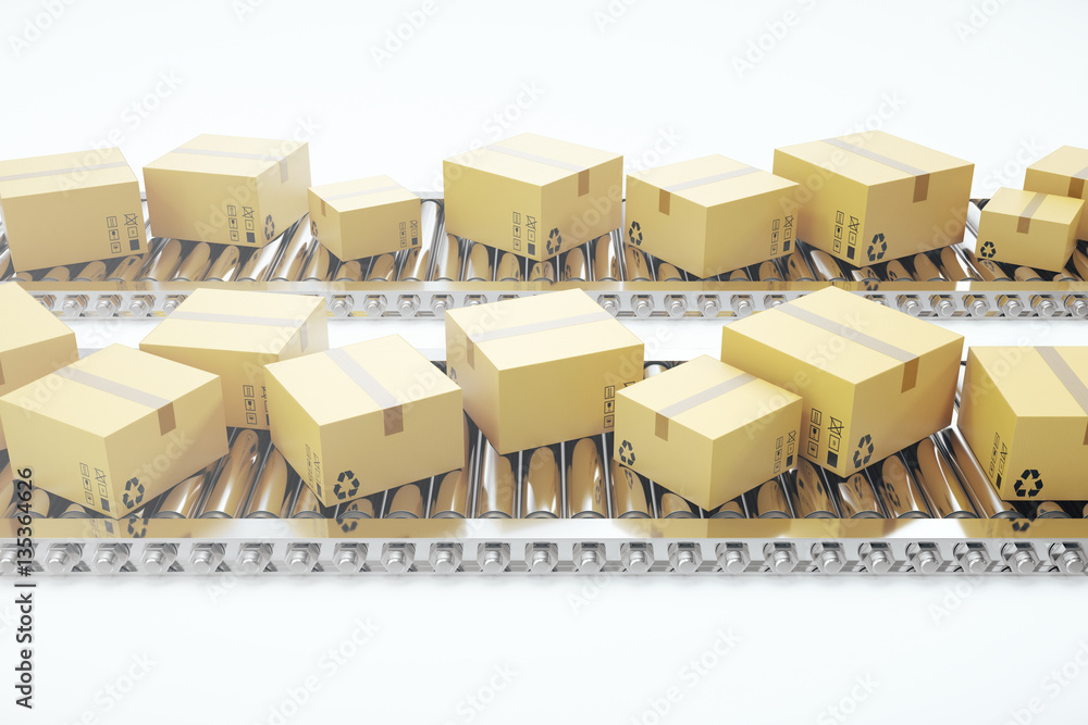 Packages delivery, packaging service and parcels transportation system concept, cardboard boxes on conveyor belt, 3d rendering
