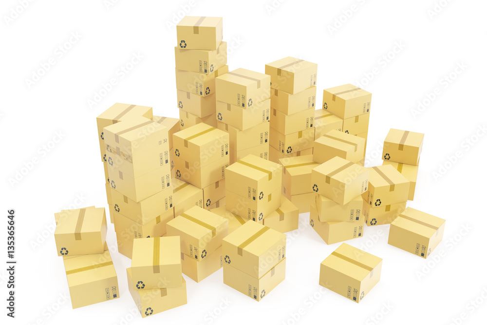 Stack of cardboard boxes isolated on white background for the delivery of business concept. 3d rendering