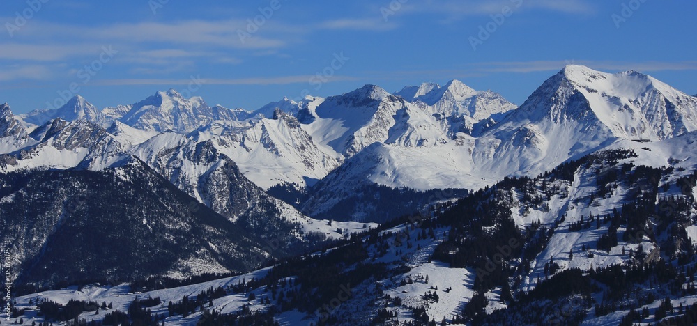 Snow covered mountain peaks in the Bernese Oberland
