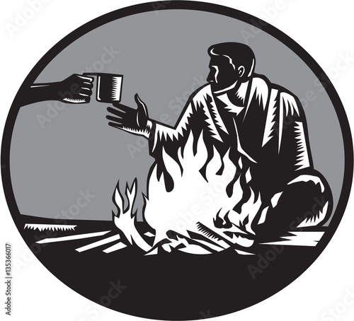 Camper Campfire Cup of Coffee Circle Woodcut