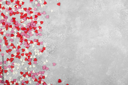 Pink  white and red hearts on a light background. Top view  copy