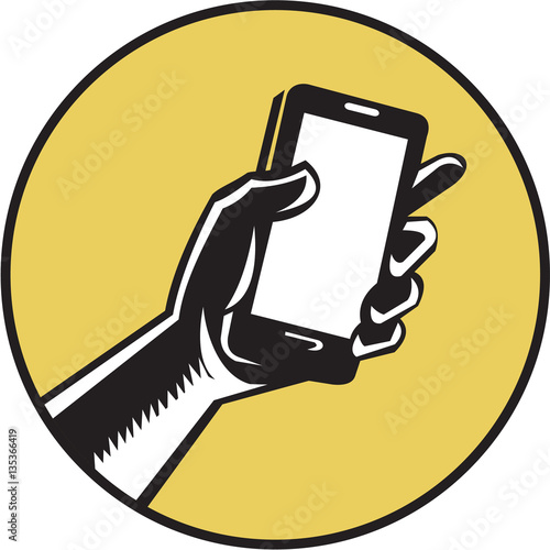 Hand Holding Smartphone Circle Woodcut