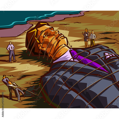 A man in a suit lays on a beach, tied to the ground like Gulliver with tiny business people all around him. photo