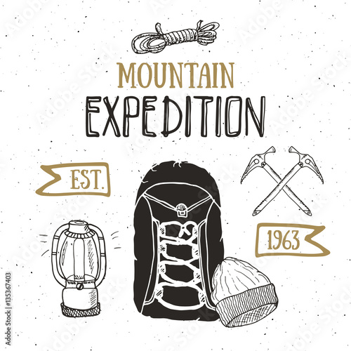 Mountain expedition vintage set. Hand drawn sketch elements for retro badge emblem, outdoor hiking adventure and mountains exploring label design, Extreme sports, vector illustration.