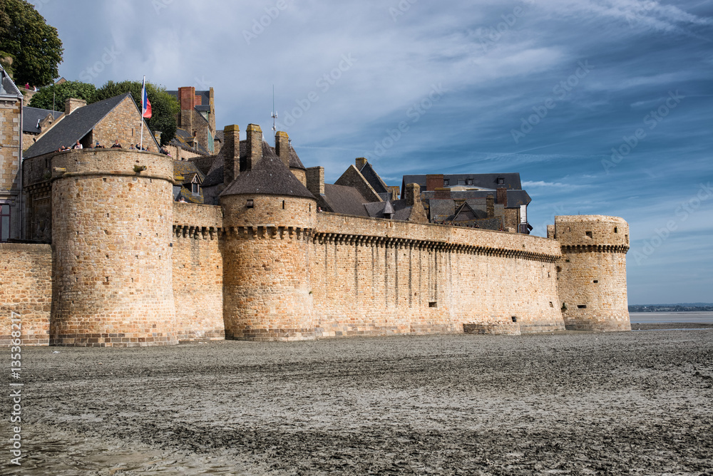 Panoramic View on Coastal stone fortifications of Mont-Saint-Michel, France Panoramic View on Coastal stone fortifications of Mont-Saint-Michel, France