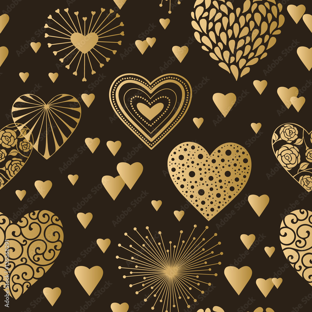 Cute hearts seamless background. Valentine's day ornament golden on black.  Romantic tiled pattern for wrapping paper and wallpaper design. Stock  Vector | Adobe Stock