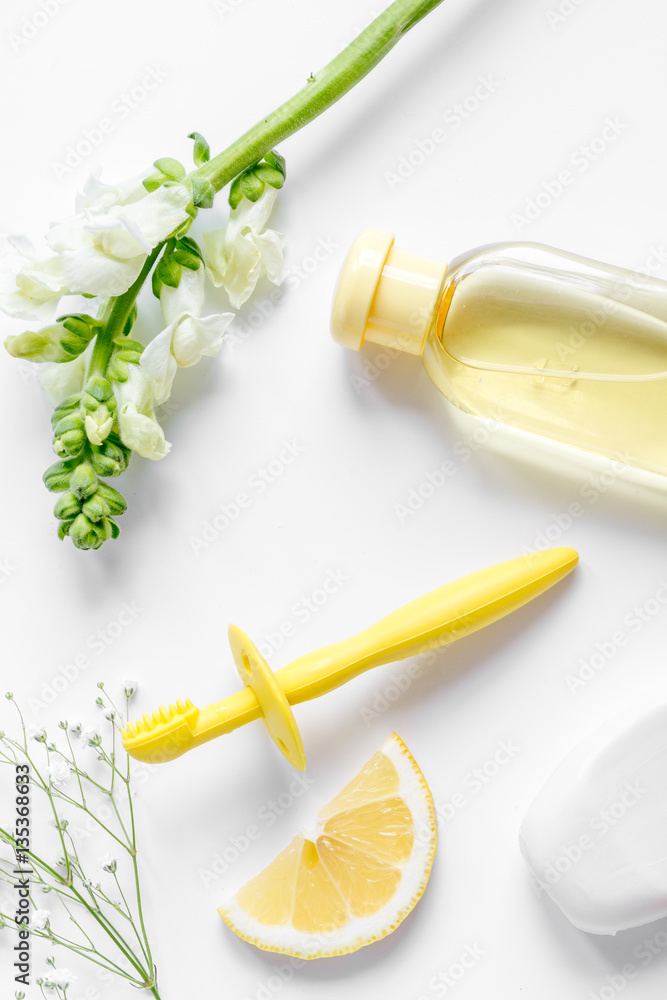 natural organic cosmetics for baby on white background top view natural organic cosmetics for baby on white background top view