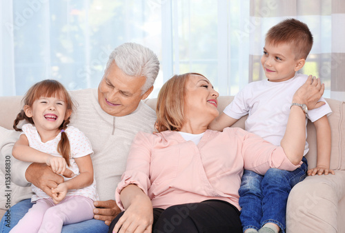 Happy grandparents with grandchildren sitting on couch