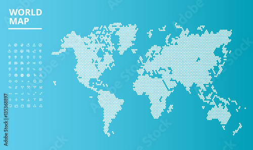 Vector dotted world map, and set of icons for navigation. Vector illustration template for website design, app, infographics, business presentations, printed material.