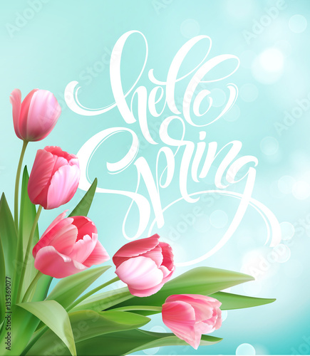 Hello Spring hand Lettering with tulip flower. Vector illustration