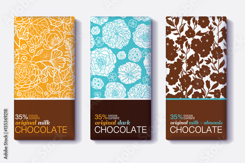 Vector Set Of Chocolate Bar Package Designs With Modern Floral Patterns. Milk...