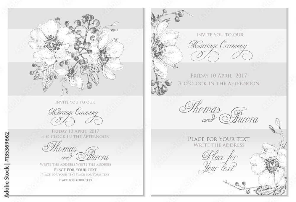 Set of two templates for cards or invitations. Black and white. Vector illustration. Composition of flowers, leaves and berries. Pointillism style.