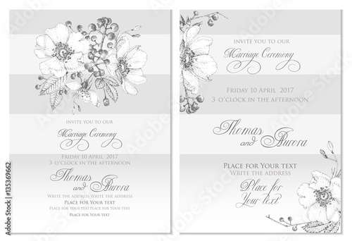 Set of two templates for cards or invitations. Black and white. Vector illustration. Composition of flowers, leaves and berries. Pointillism style.