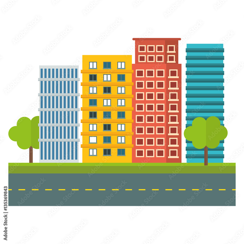city scene and buildings with trees line sticker image