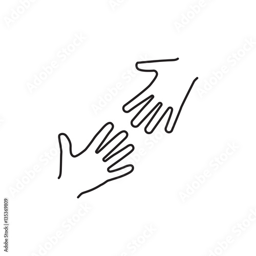 Helping hands black icon isolated on white background. Minimum draft line. Charity support logo. Caring people. Hope symbol. Vector illustration flat design.