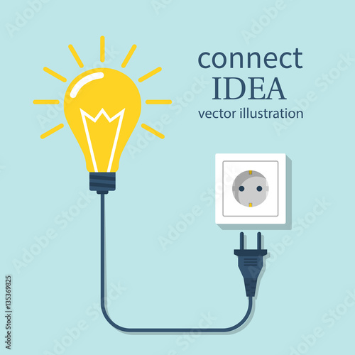 Connect idea. Bulb light, cord electrical plug connected to power socket. Plug in to wall socket. Vector illustration flat design. Isolated on background.