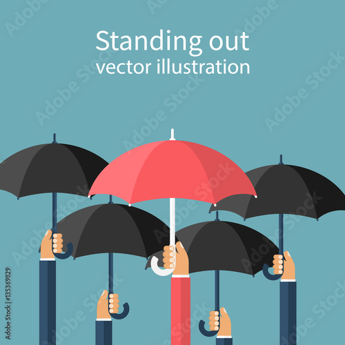 Standing out from the crowd. Uniqueness and individuality. Difference concept. Man holding a red umbrella among people with black umbrellas. Vector illustration flat design. Isolated on background.