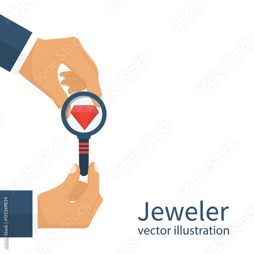 Jeweler is looking at diamond holding in hand magnifying glass. Examining, evaluation jewelry. Vector illustration flat style design. Work with precious stones. Isolated on white background.