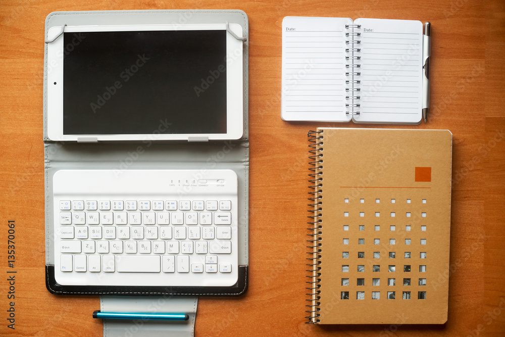 Office desk table with computer, supplies. Copy space for text Office desk table with computer, supplies. Copy space for text