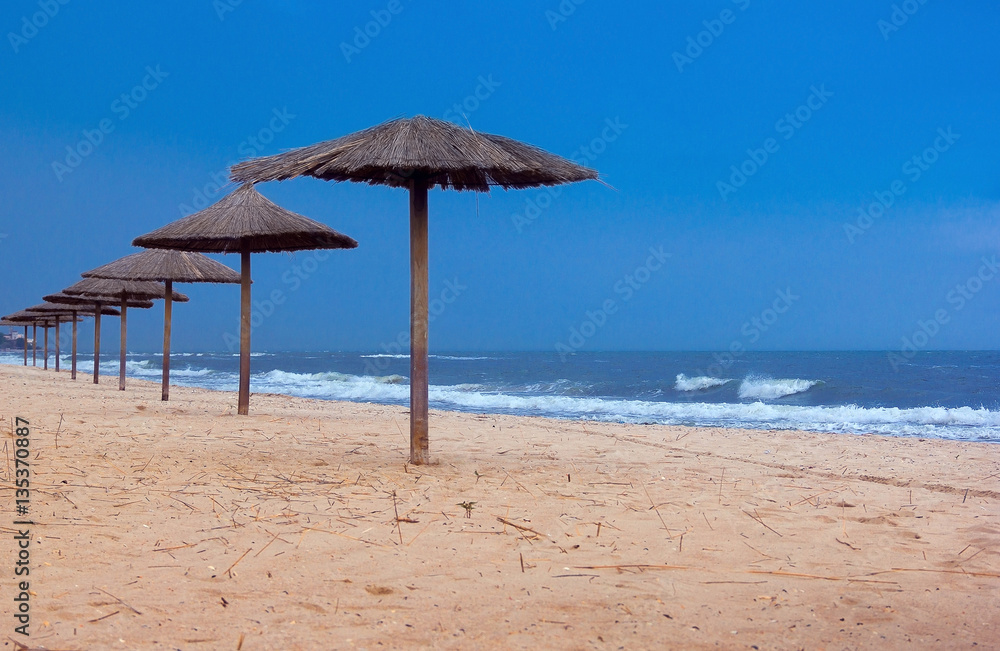 sea coast with thatched umbrellas 