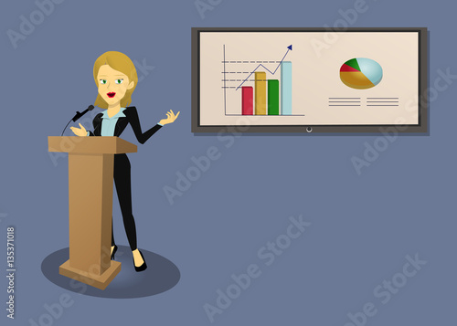 Junta empresarial, mujer dando conferencia en podio con gráficas de pastel y gráfico de barras en fondo aislado
