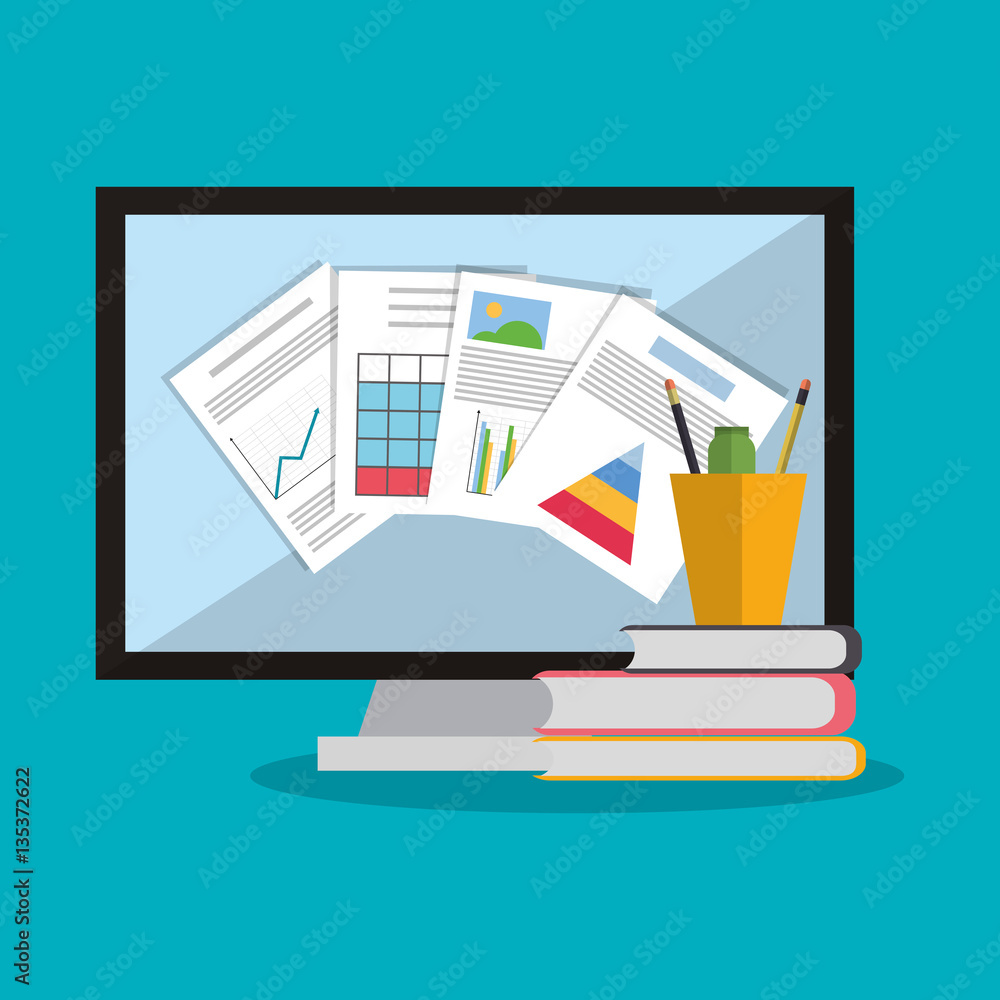 computer and stack of books over blue background. office workplace concept. .colorful design. vector illustration computer and stack of books over blue background. office workplace concept. .colorful design. vector illustration